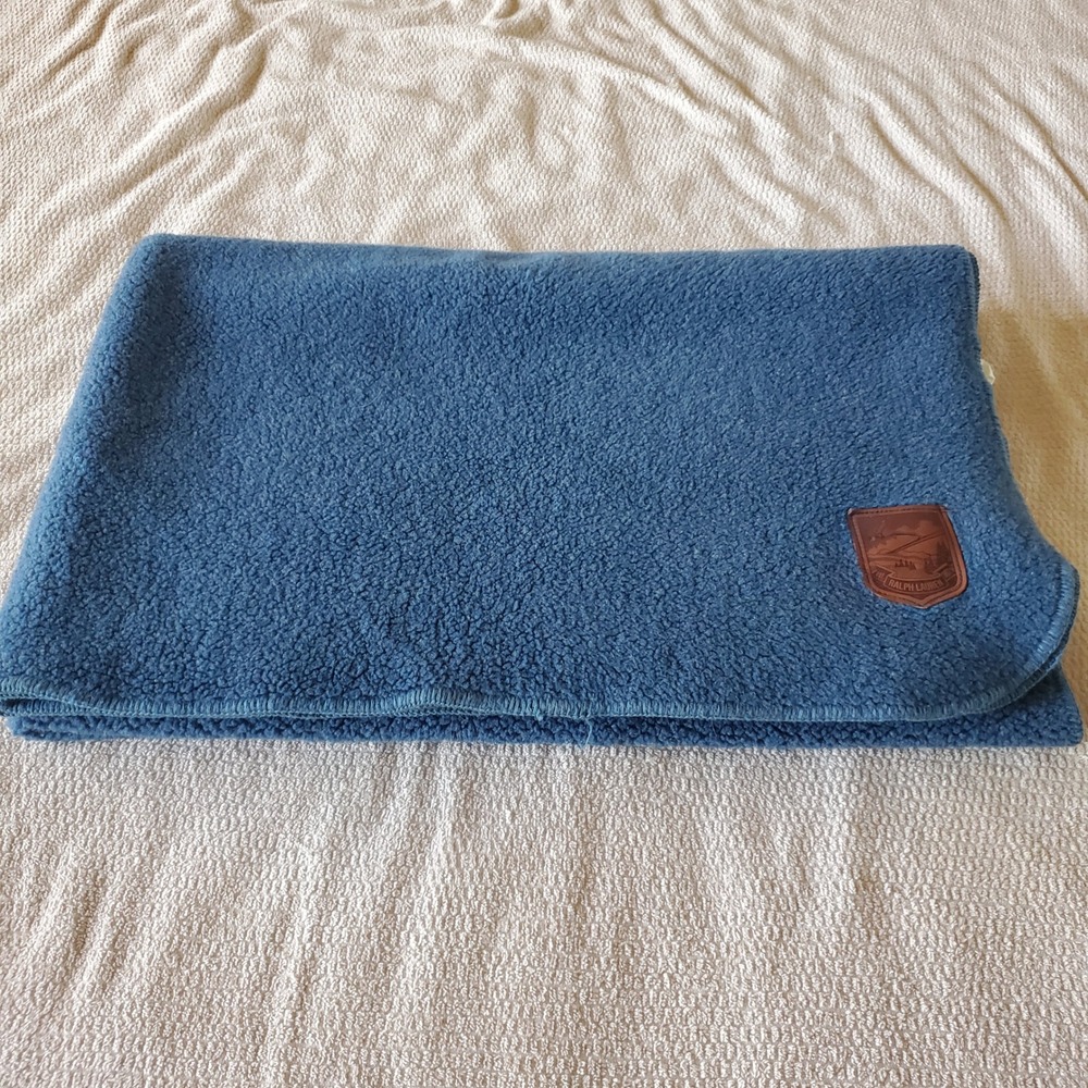 Vtg Ralph Lauren Blue Fleece Throw Blanket Leather Patch 50x68 Rustic Cabin